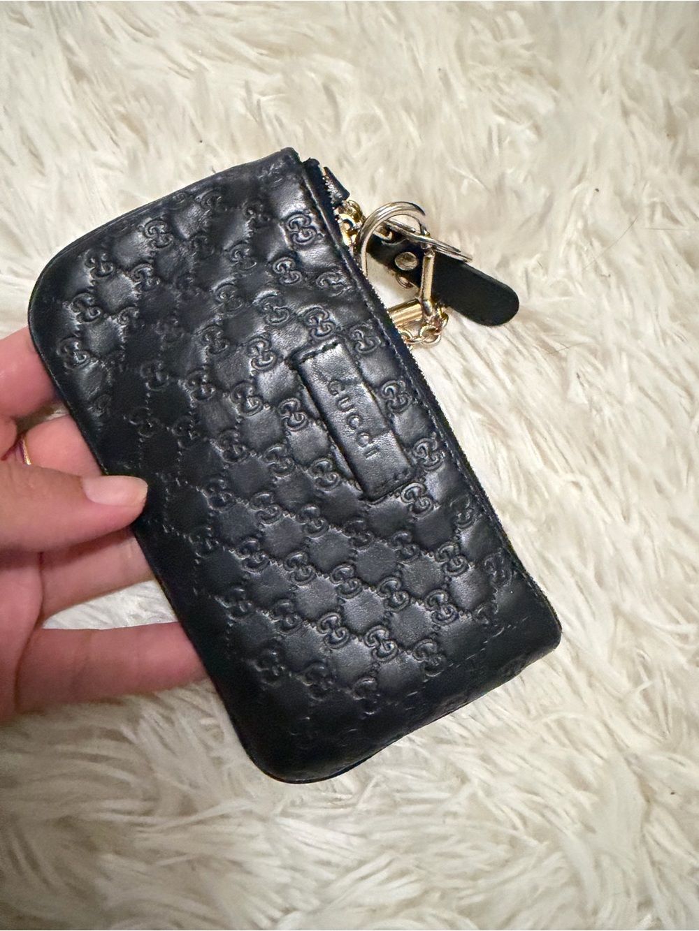 Gucci Black Embossed GG Leather Key & Card Holder with Gold Hardware